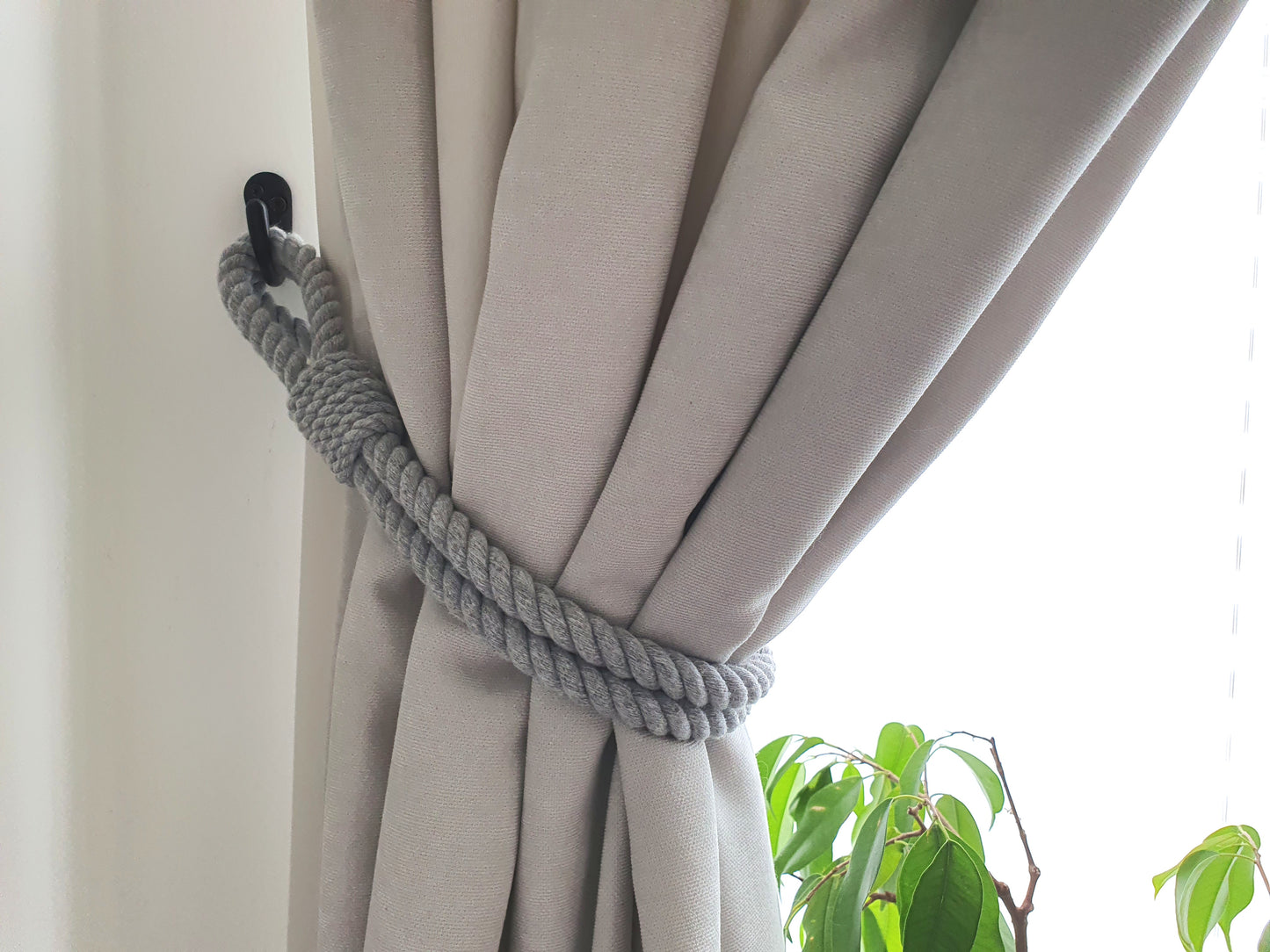 Grey Cotton Rope Curtain Tieback - Extra Thick Twisted