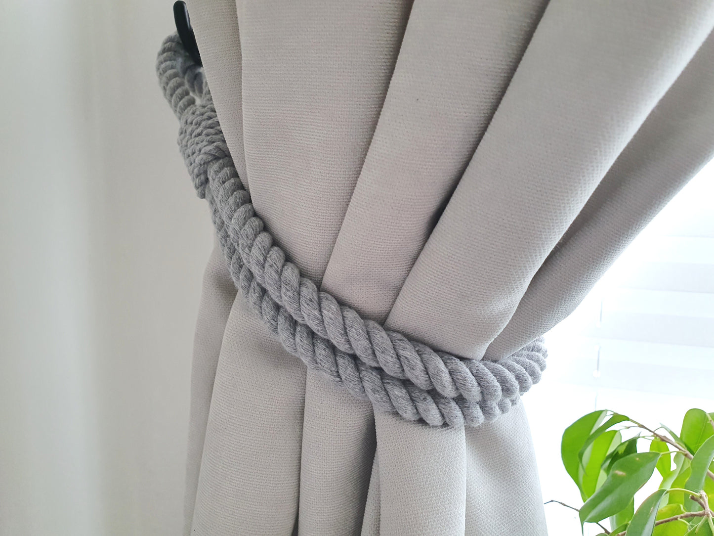Grey Cotton Rope Curtain Tieback - Extra Thick Twisted