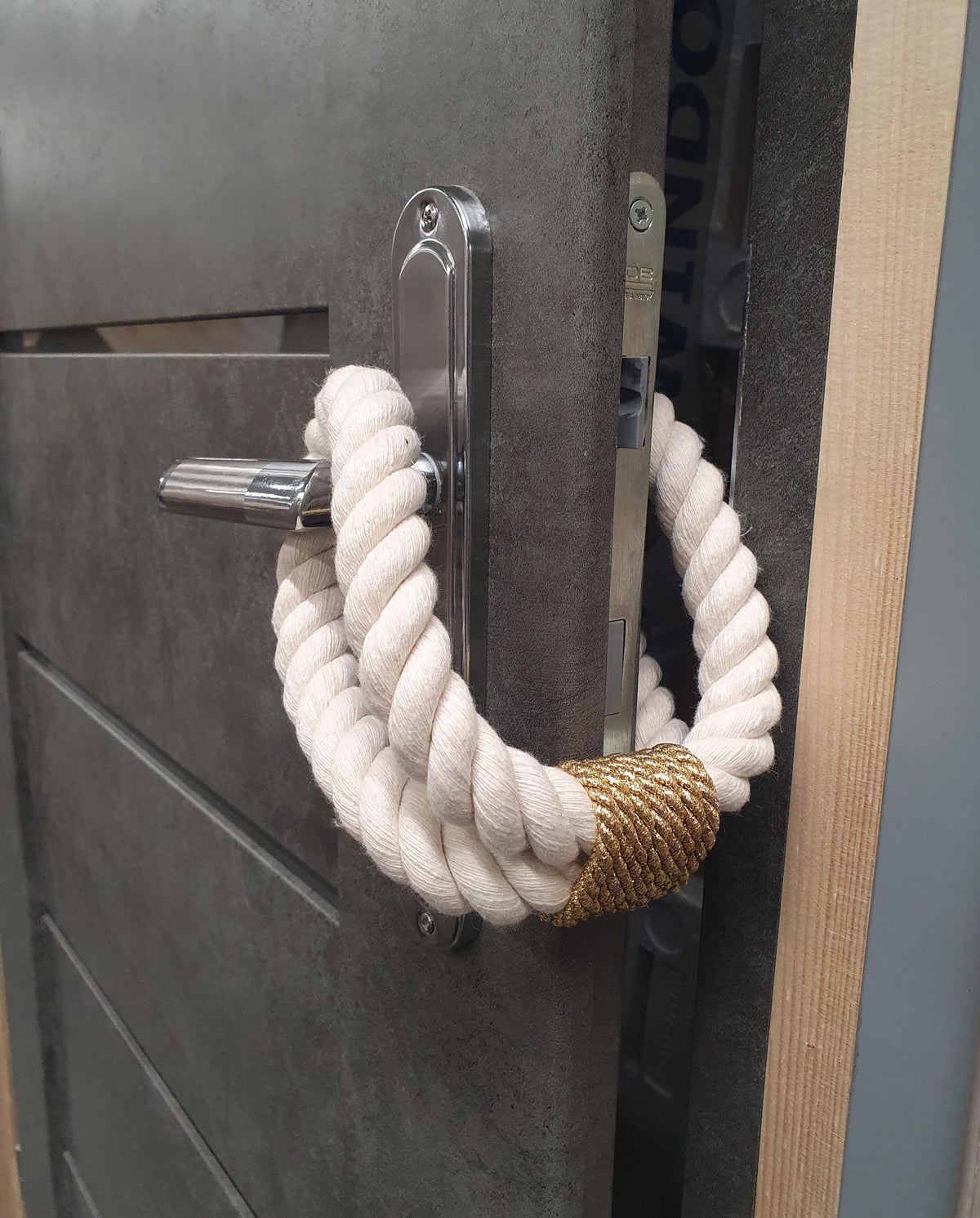 White Cotton Rope Door Stop with Gold Accent