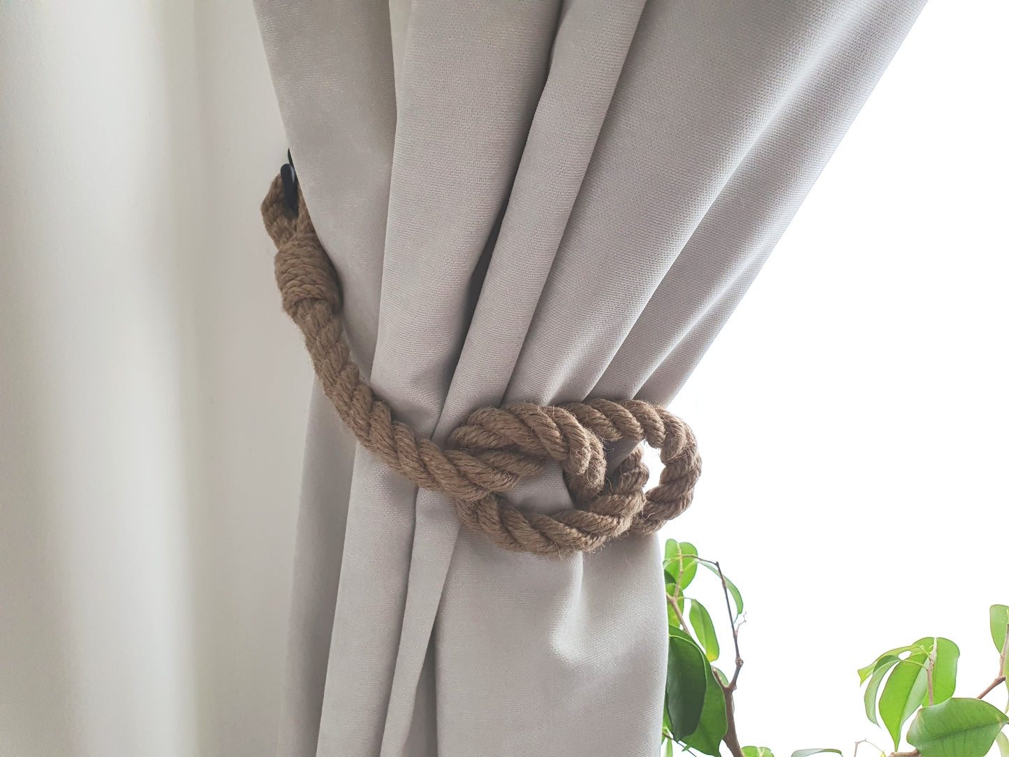 Jute Rope Curtain Tieback - Natural Knot Holdback Rustic Boho Decor