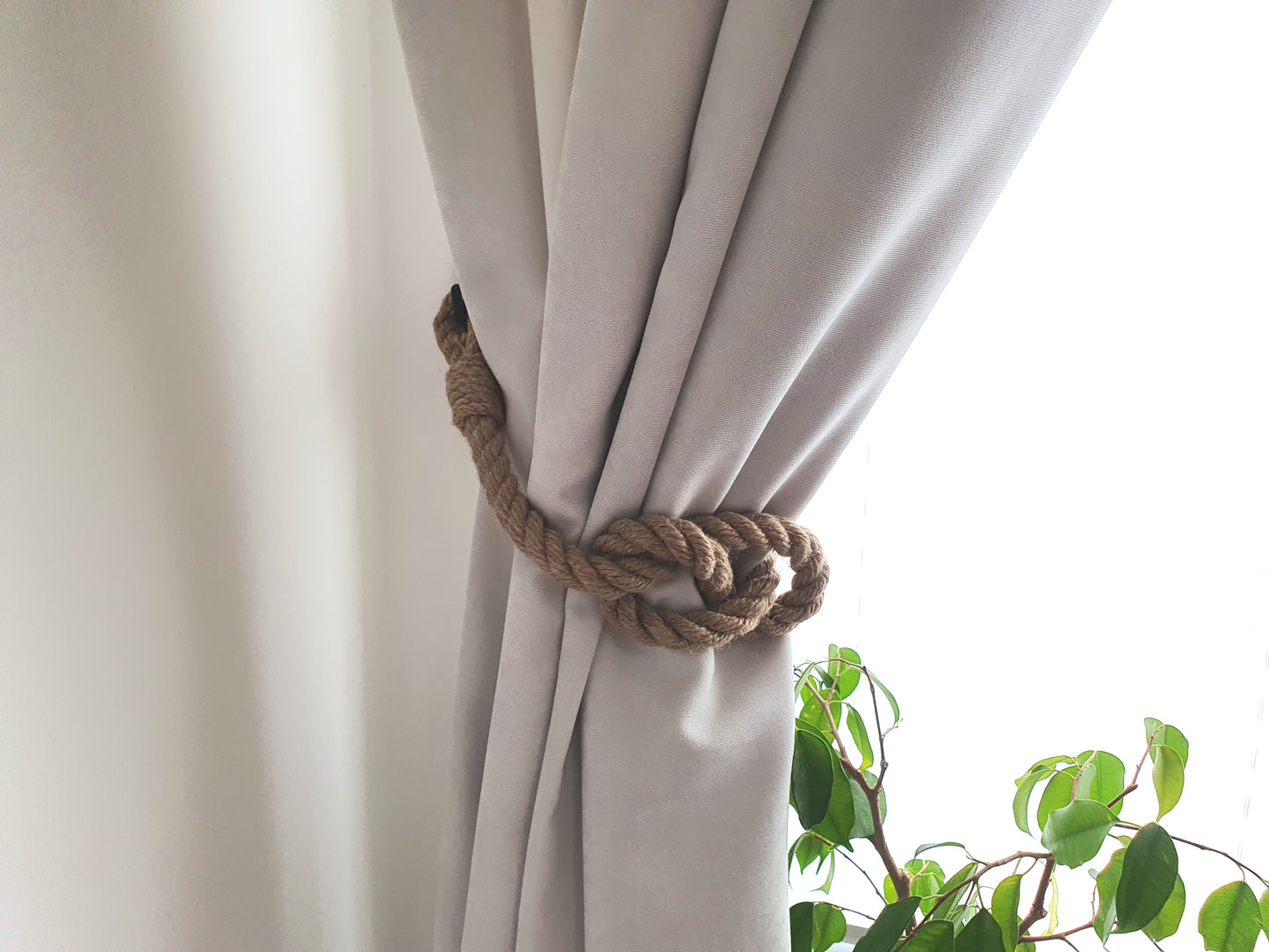 Jute Rope Curtain Tieback - Natural Knot Holdback Rustic Boho Decor