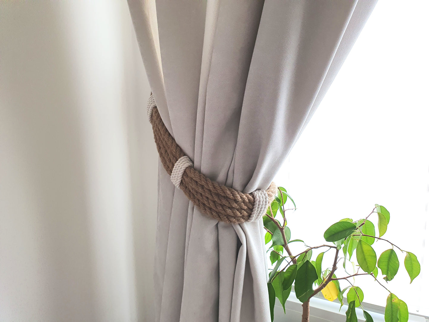 Jute Rope Curtain Tieback - White Cotton Centre Wrap Boho Holdback