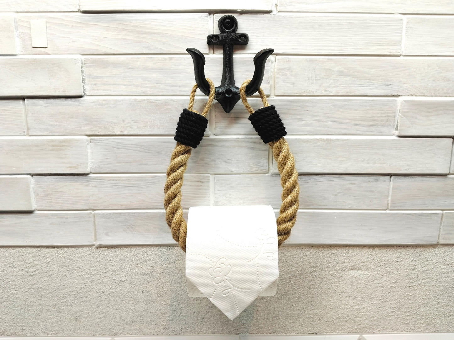Jute Rope Toilet Paper Holder - Anchor Hook Nautical Wall Mount