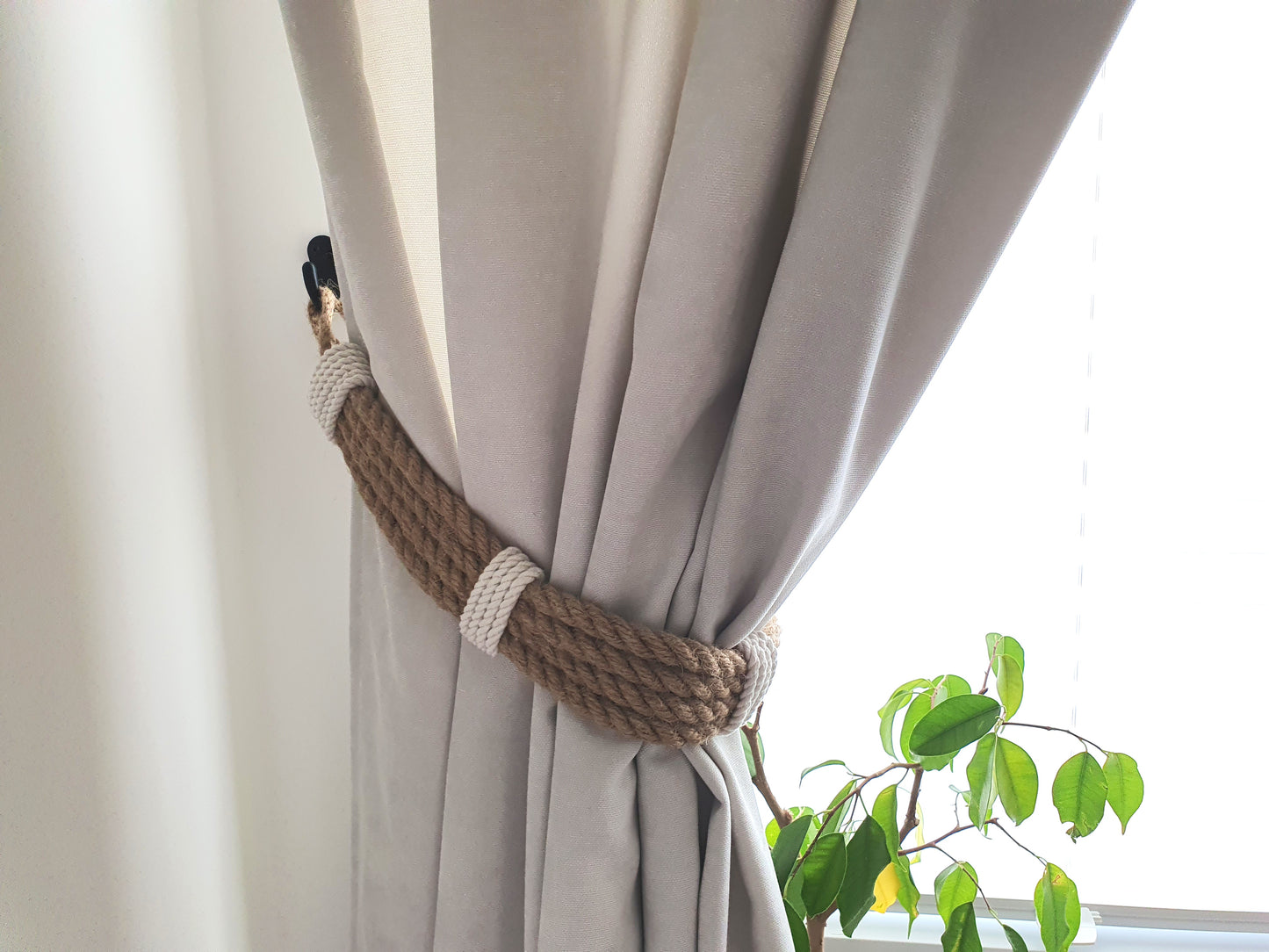 Jute Rope Curtain Tieback - White Cotton Centre Wrap Boho Holdback