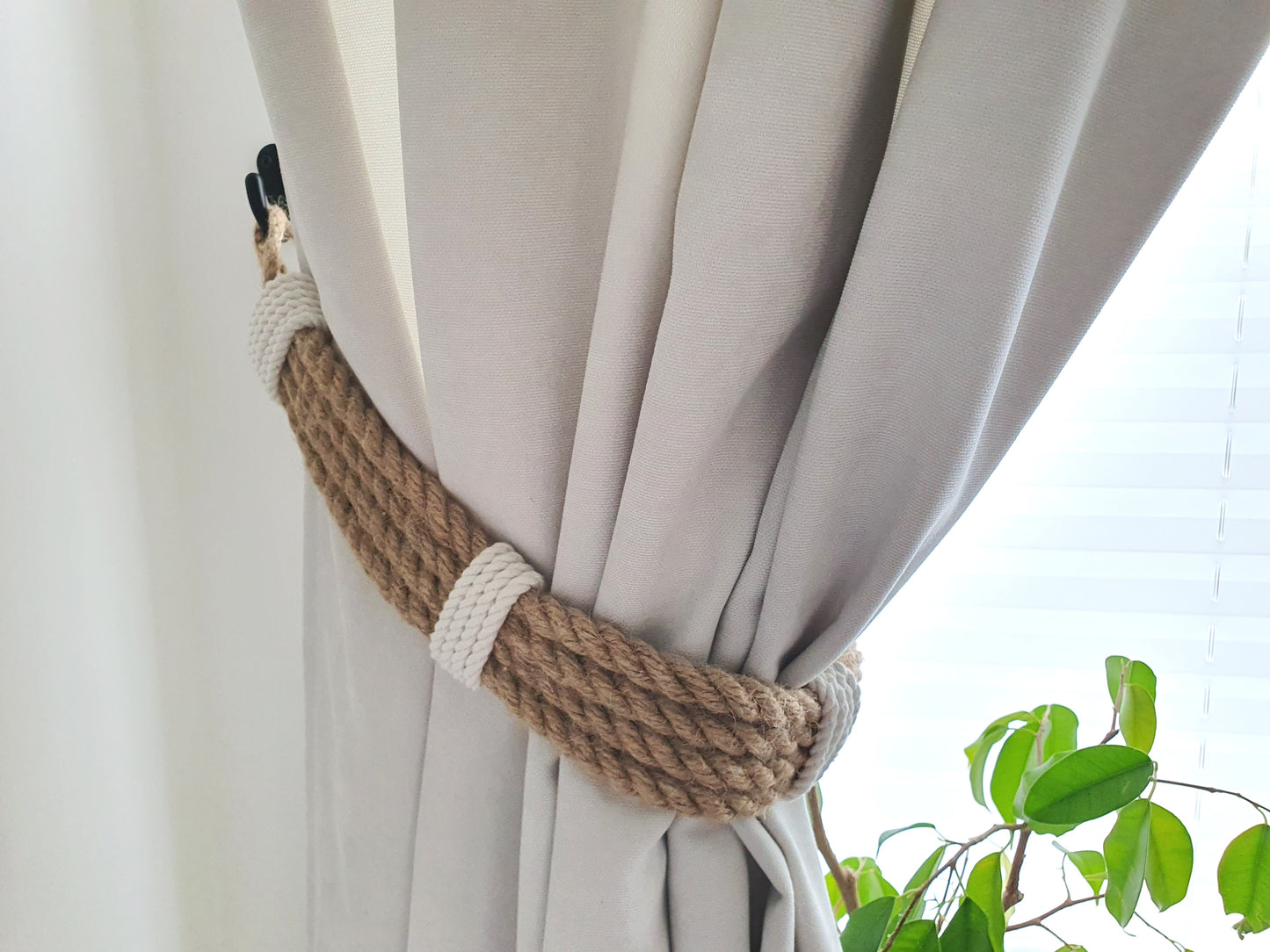 Jute Rope Curtain Tieback - White Cotton Centre Wrap Boho Holdback