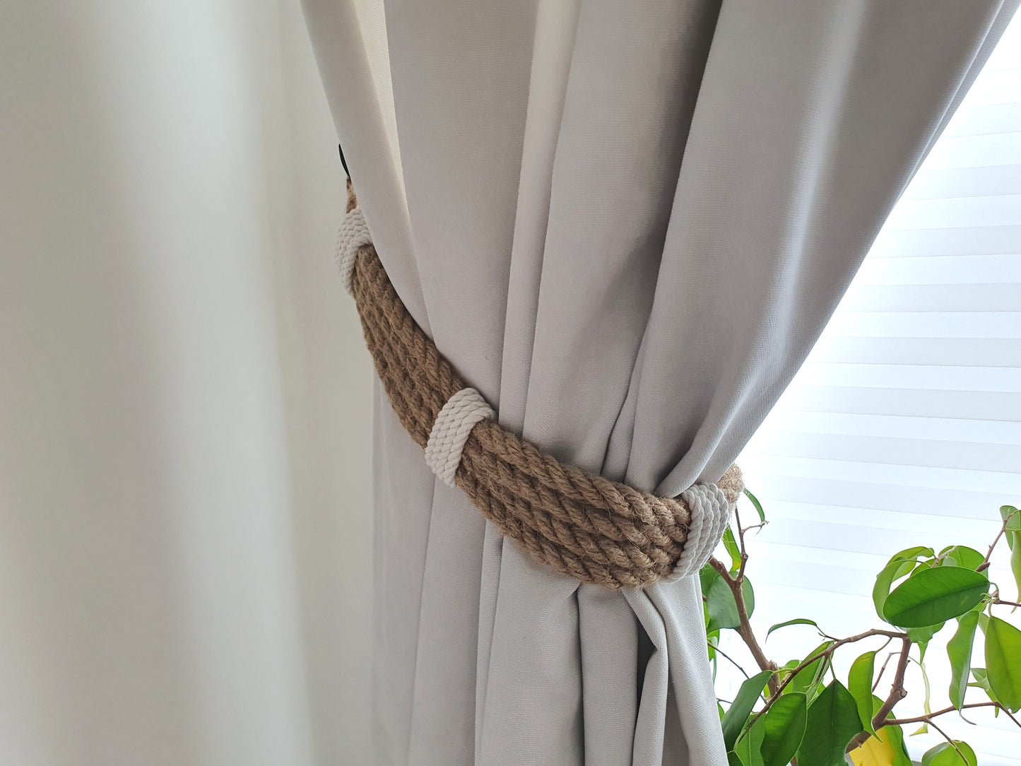 Jute Rope Curtain Tieback - White Cotton Centre Wrap Boho Holdback