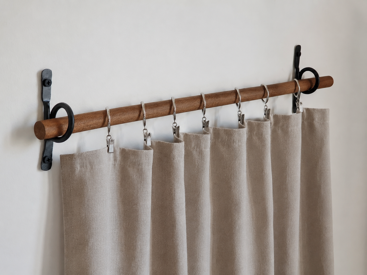 Hand-Forged Iron Curtain Rod Hooks, Rustic Black Metal Brackets, Set of 2