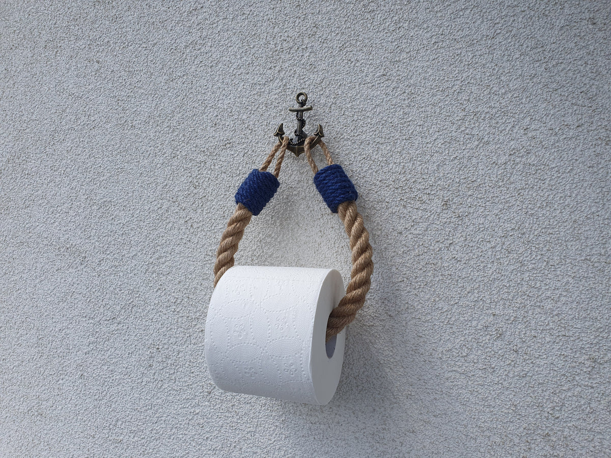 Nautical Jute Rope Toilet Paper Holder, Navy Accents, Brass Anchor Hook