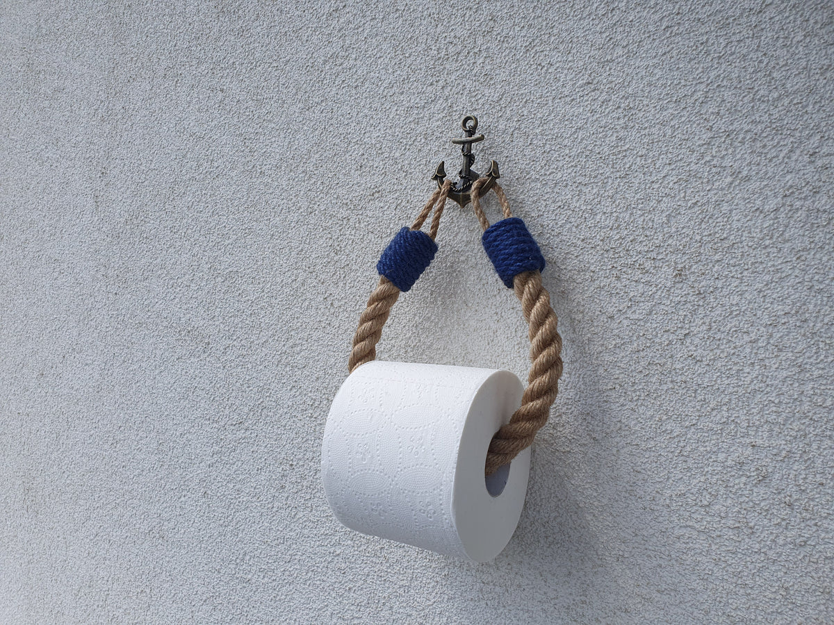 Nautical Jute Rope Toilet Paper Holder, Navy Accents, Brass Anchor Hook
