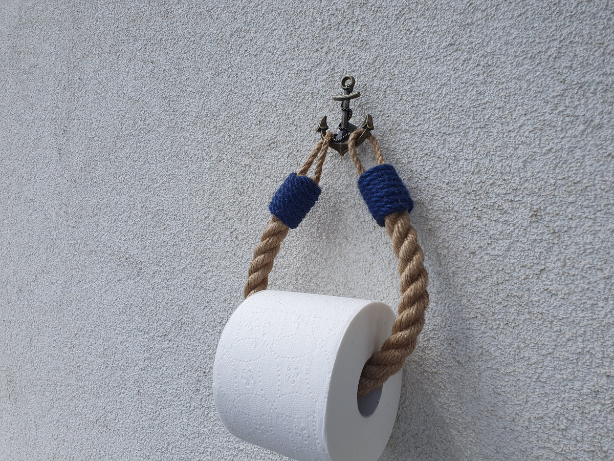 Nautical Jute Rope Toilet Paper Holder, Navy Accents, Brass Anchor Hook
