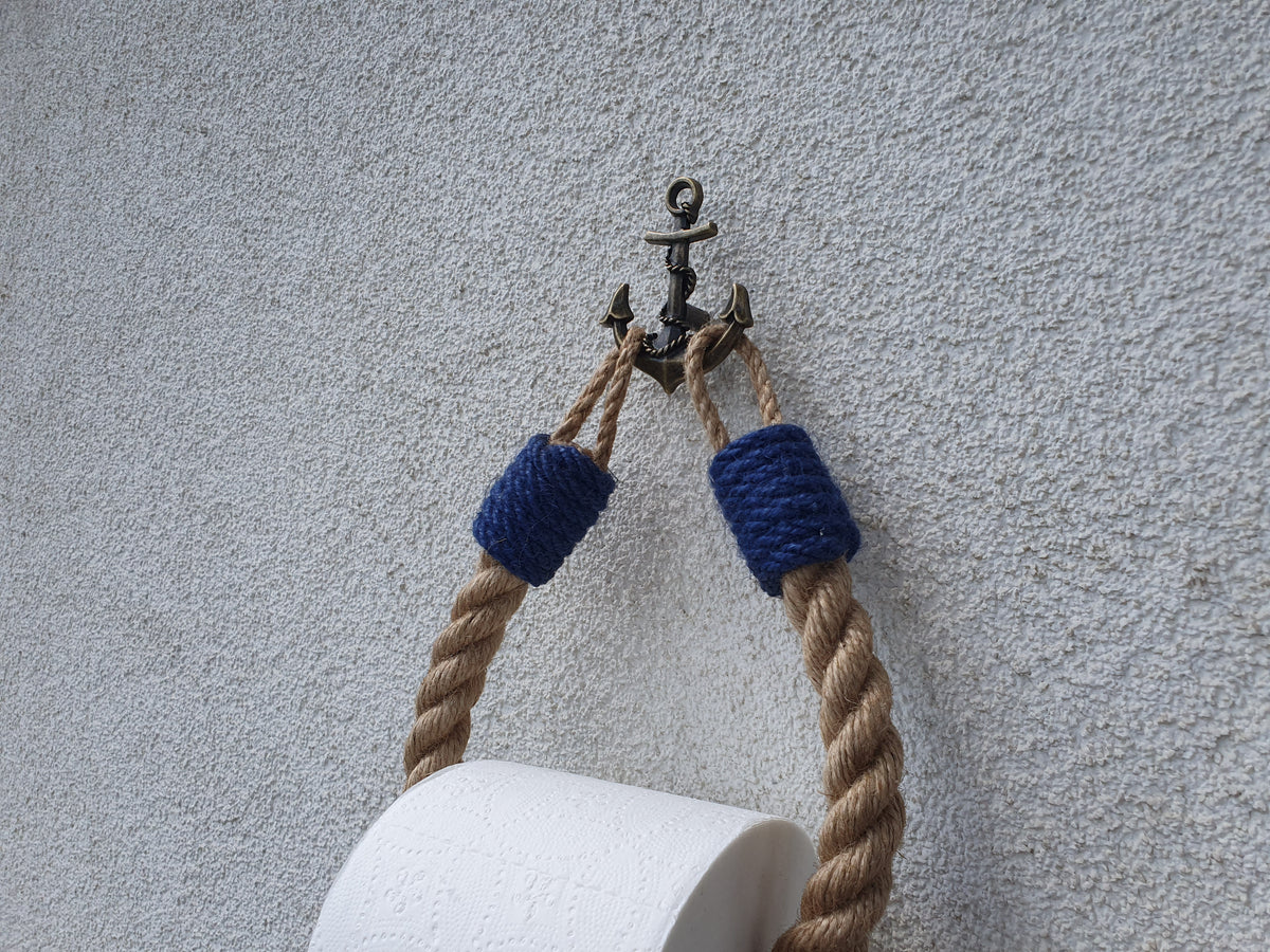 Nautical Jute Rope Toilet Paper Holder, Navy Accents, Brass Anchor Hook