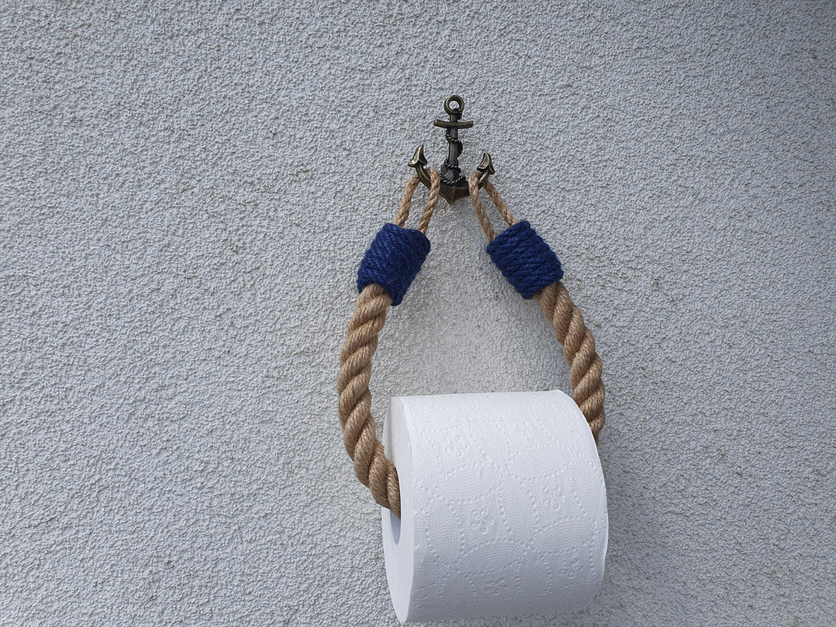 Nautical Jute Rope Toilet Paper Holder, Navy Accents, Brass Anchor Hook