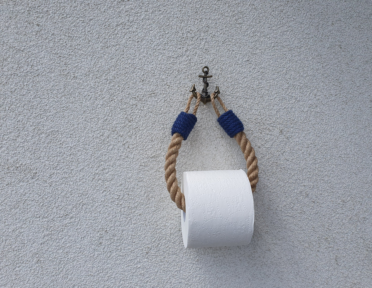 Nautical Jute Rope Toilet Paper Holder, Navy Accents, Brass Anchor Hook