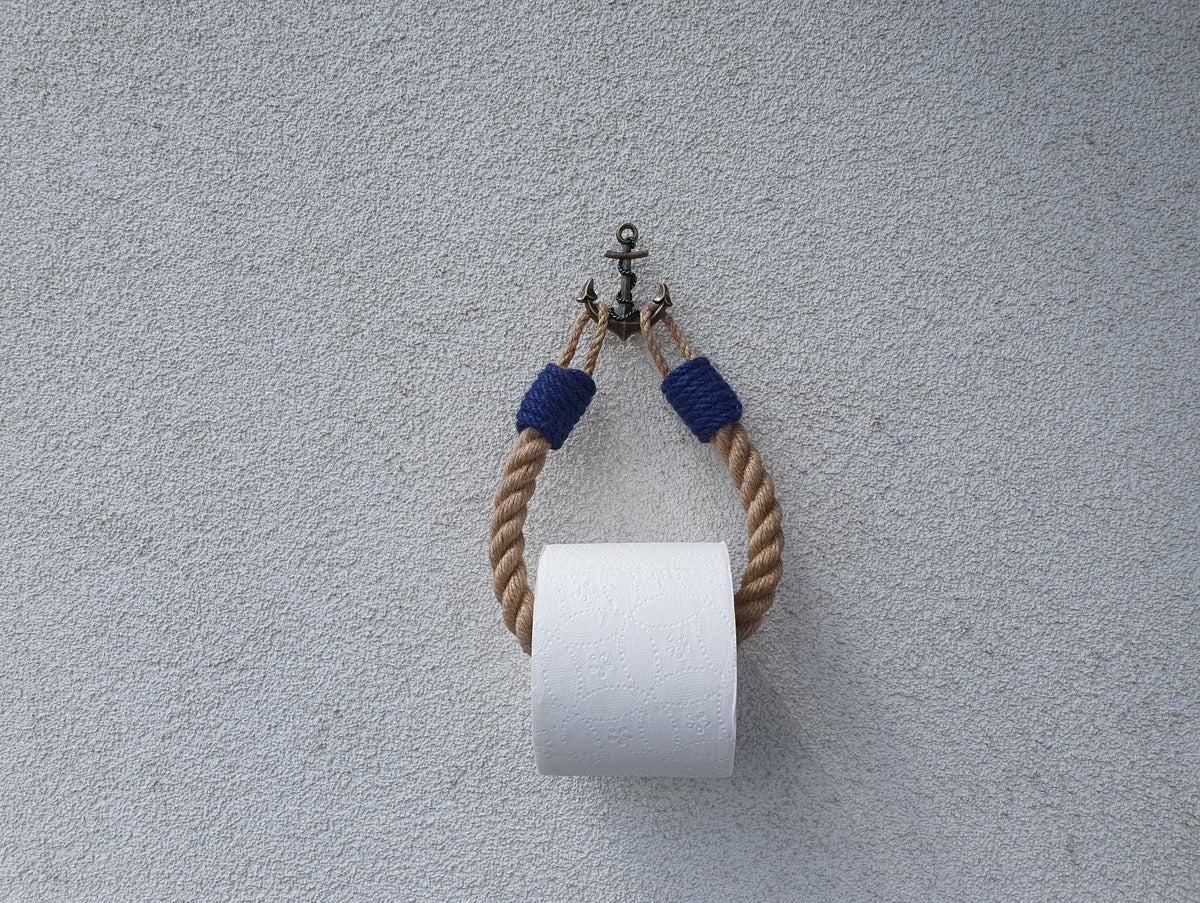 Nautical Jute Rope Toilet Paper Holder, Navy Accents, Brass Anchor Hook