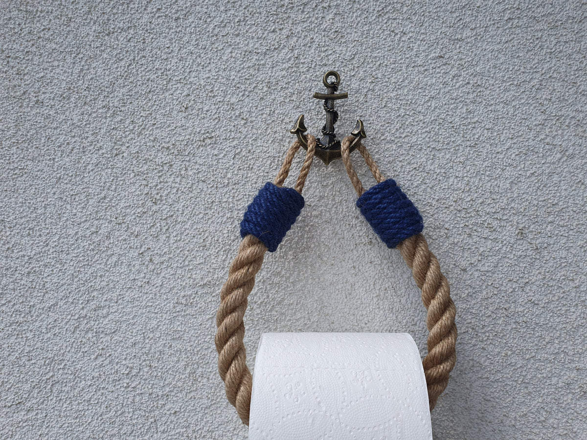 Nautical Jute Rope Toilet Paper Holder, Navy Accents, Brass Anchor Hook