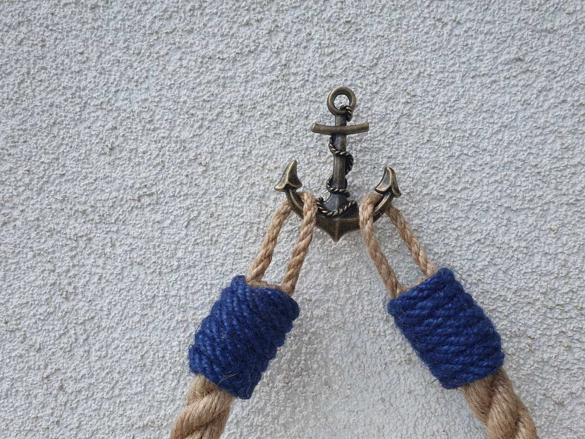 Nautical Jute Rope Toilet Paper Holder, Navy Accents, Brass Anchor Hook
