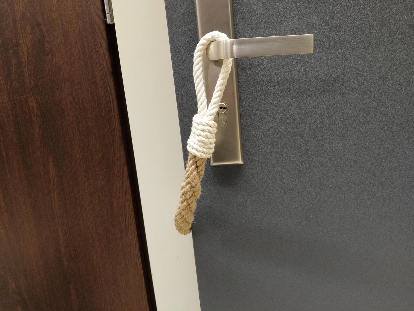 Handmade Jute Rope Door Stopper - White Loops Nautical Weighted Doorstop