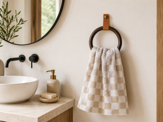 Wooden Towel Ring with Leather Strap | Handmade Bathroom Towel Holder