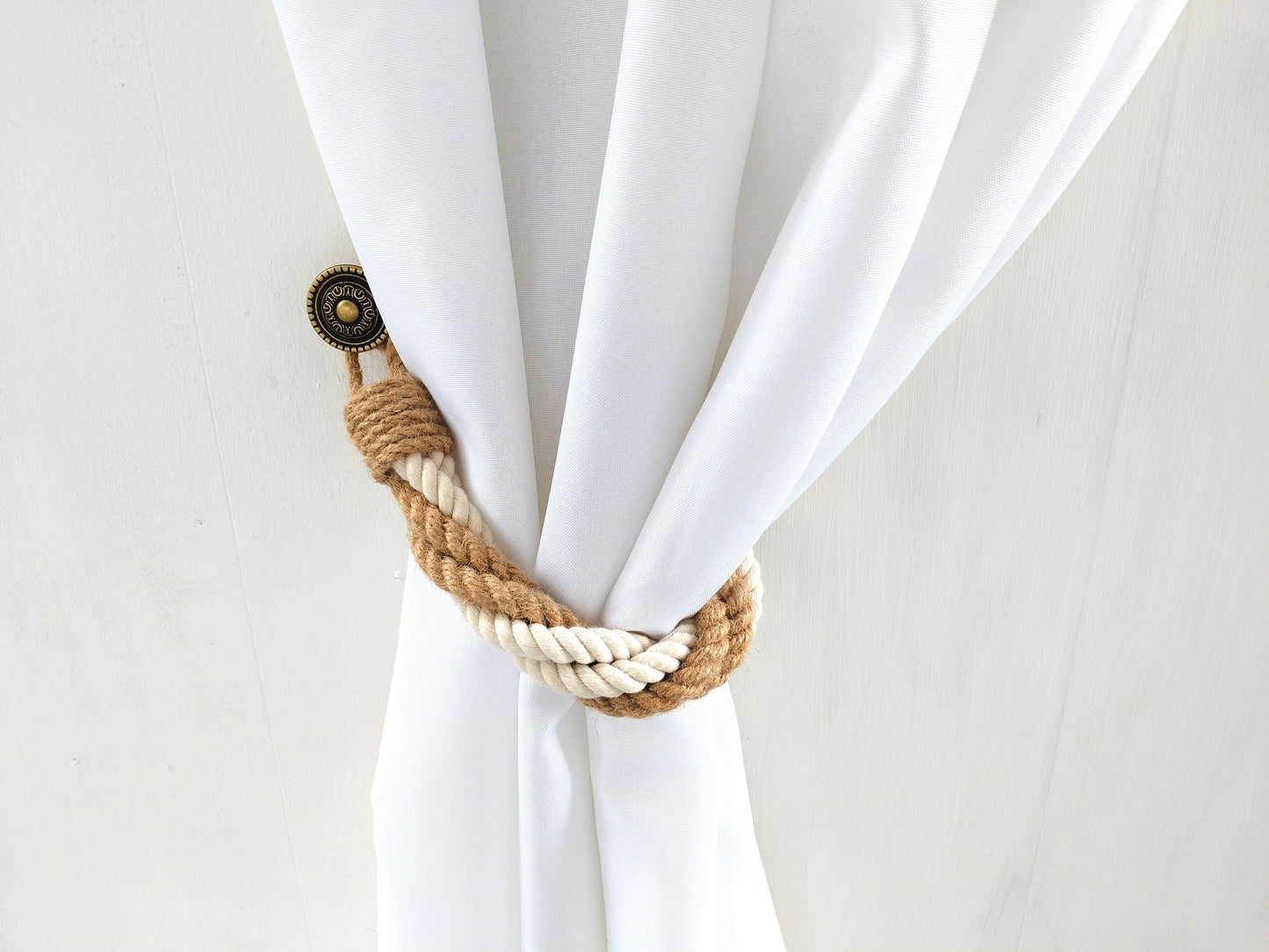 Curtain Tie Back - Rustic Curtain Holdback with Jute & Cotton Rope