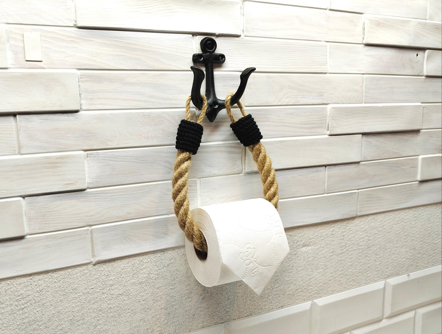 Jute Rope Toilet Paper Holder - Anchor Hook Nautical Wall Mount