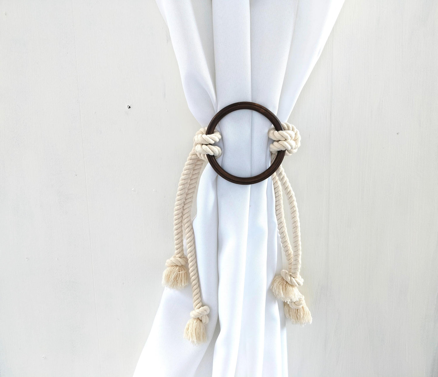 White Cotton Rope Curtain Tieback - Dark Wooden Ring Boho Holdback
