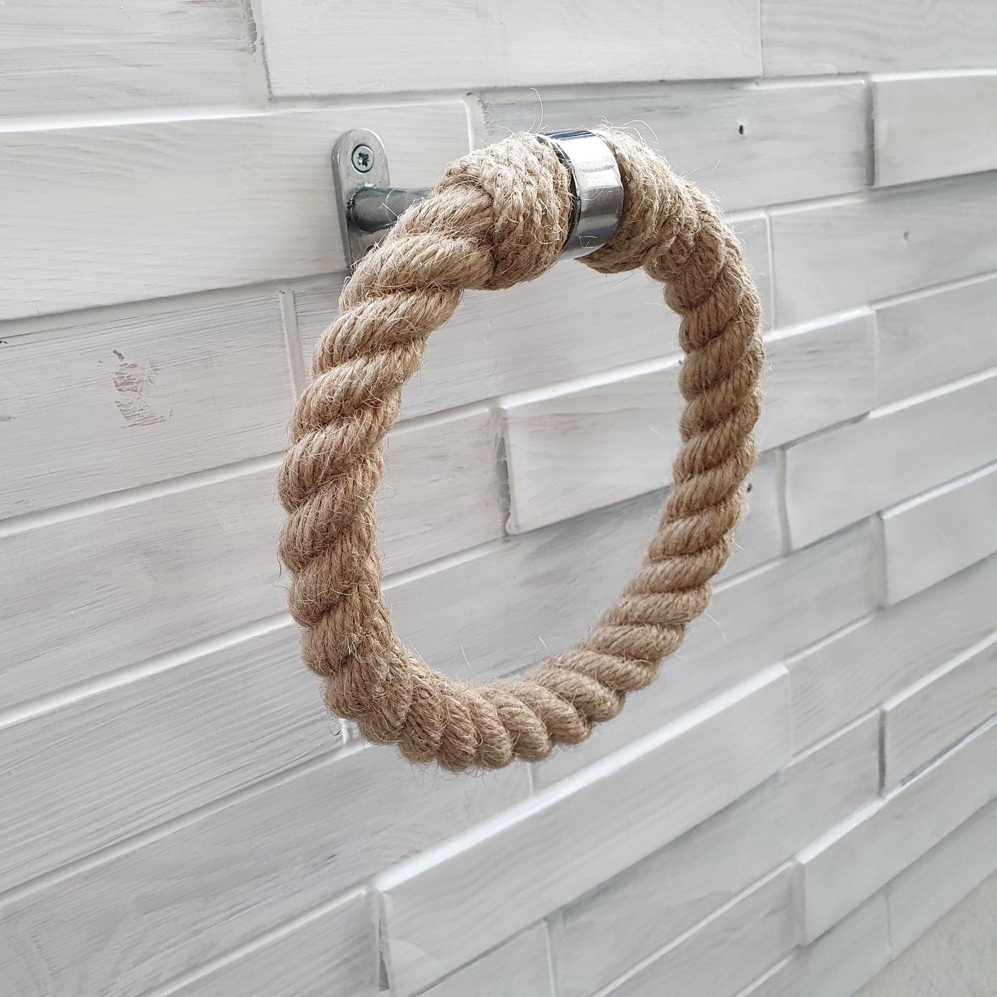 Handmade Jute Rope Towel Ring - Chrome Hardware Bathroom Holder