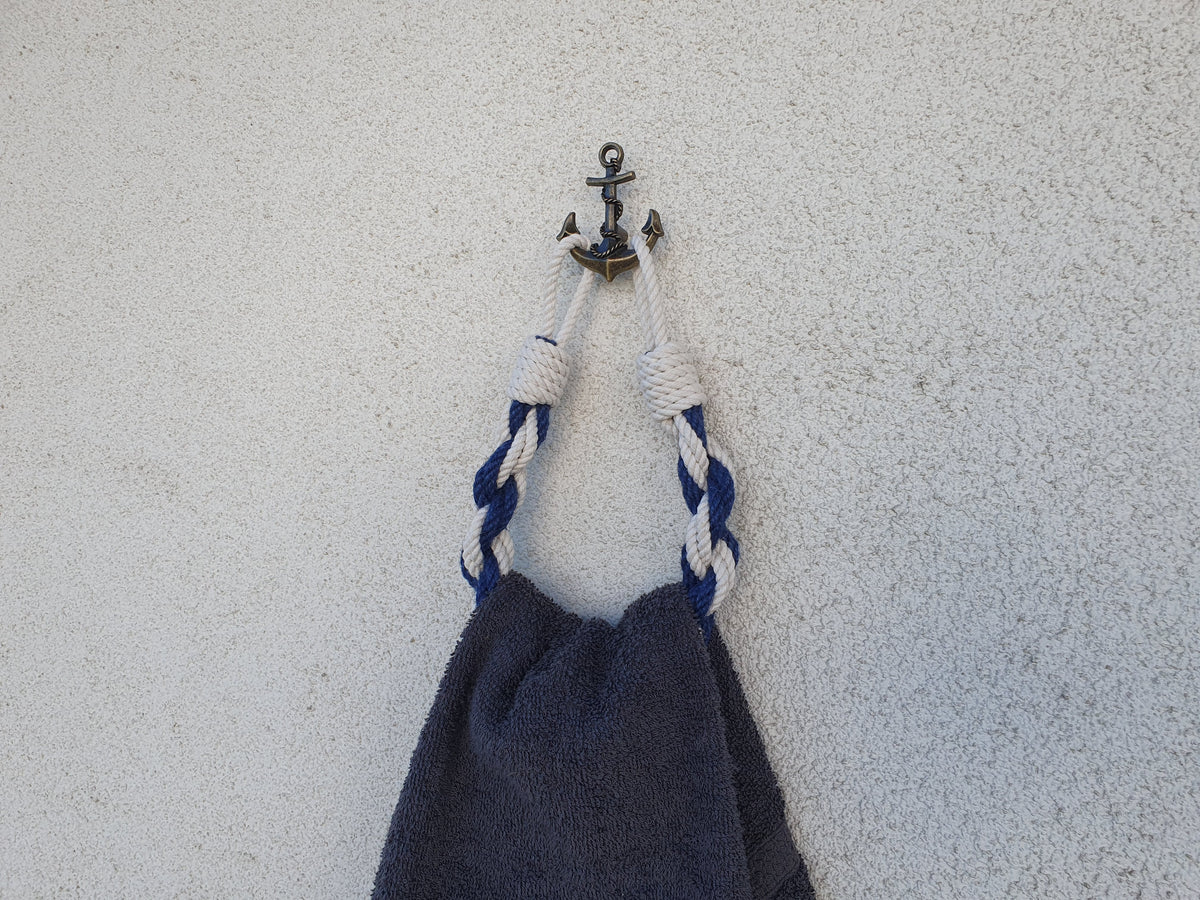 Nautical Towel Holder | Brass Anchor Hook, White Blue Rope, Coastal Bathroom Decor