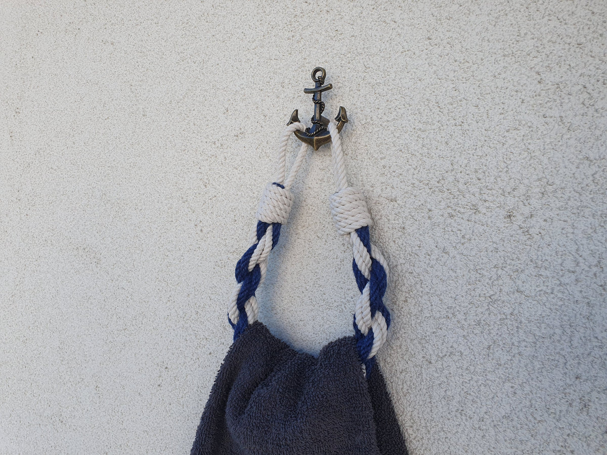 Nautical Towel Holder | Brass Anchor Hook, White Blue Rope, Coastal Bathroom Decor