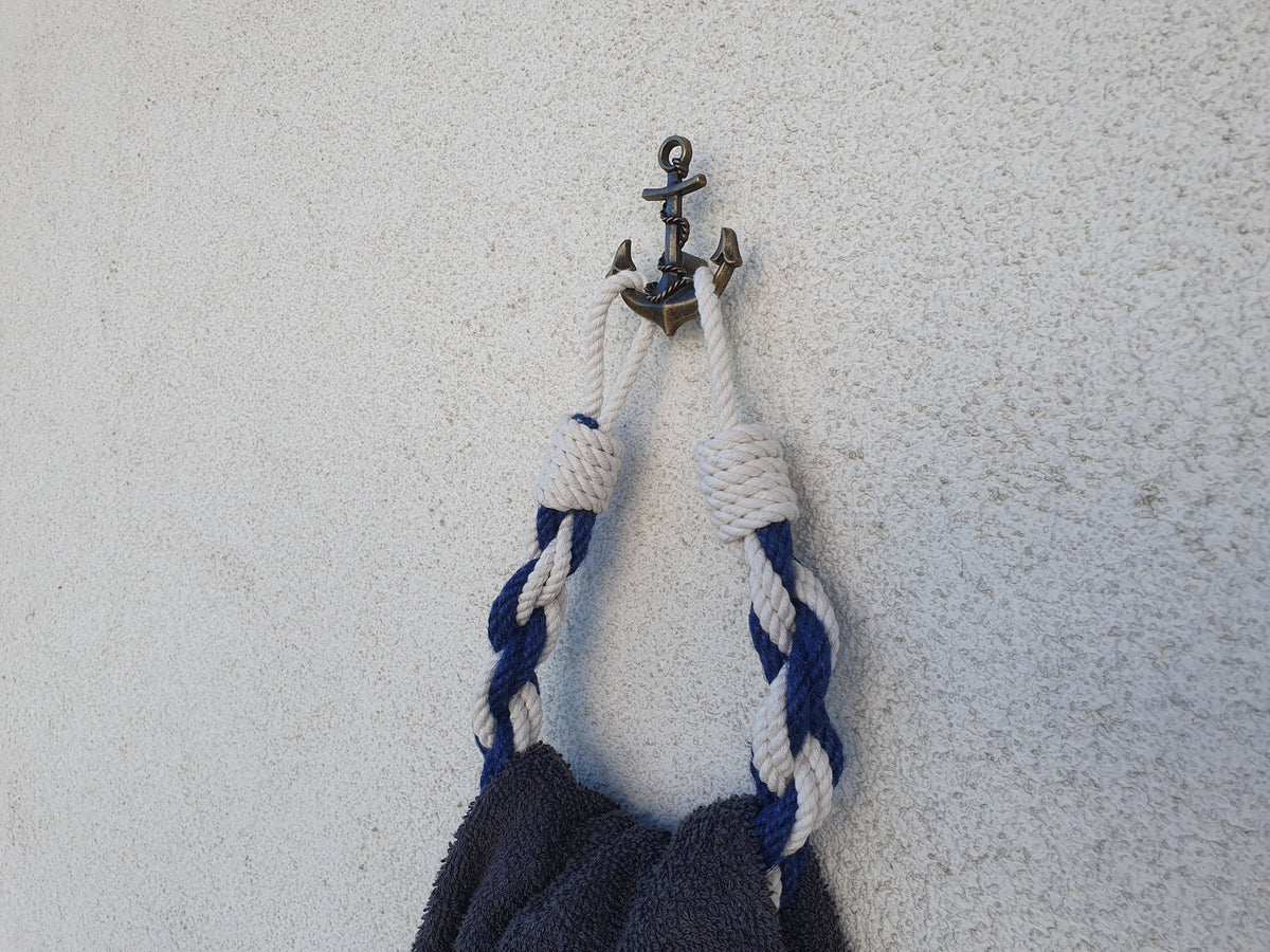 Nautical Towel Holder | Brass Anchor Hook, White Blue Rope, Coastal Bathroom Decor