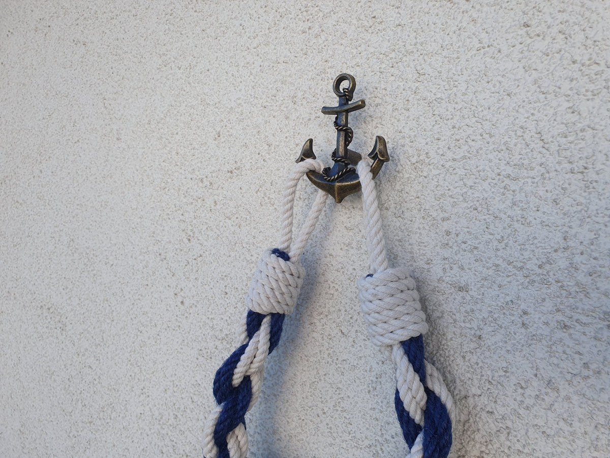 Nautical Towel Holder | Brass Anchor Hook, White Blue Rope, Coastal Bathroom Decor
