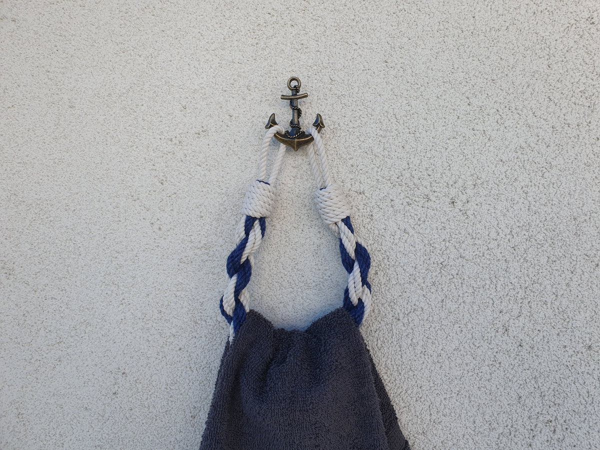 Nautical Towel Holder | Brass Anchor Hook, White Blue Rope, Coastal Bathroom Decor