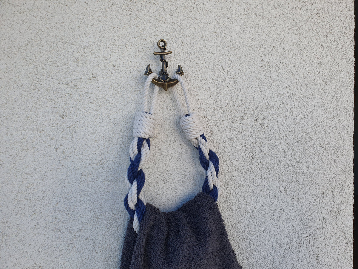 Nautical Towel Holder | Brass Anchor Hook, White Blue Rope, Coastal Bathroom Decor