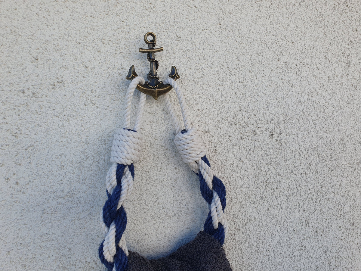 Nautical Towel Holder | Brass Anchor Hook, White Blue Rope, Coastal Bathroom Decor