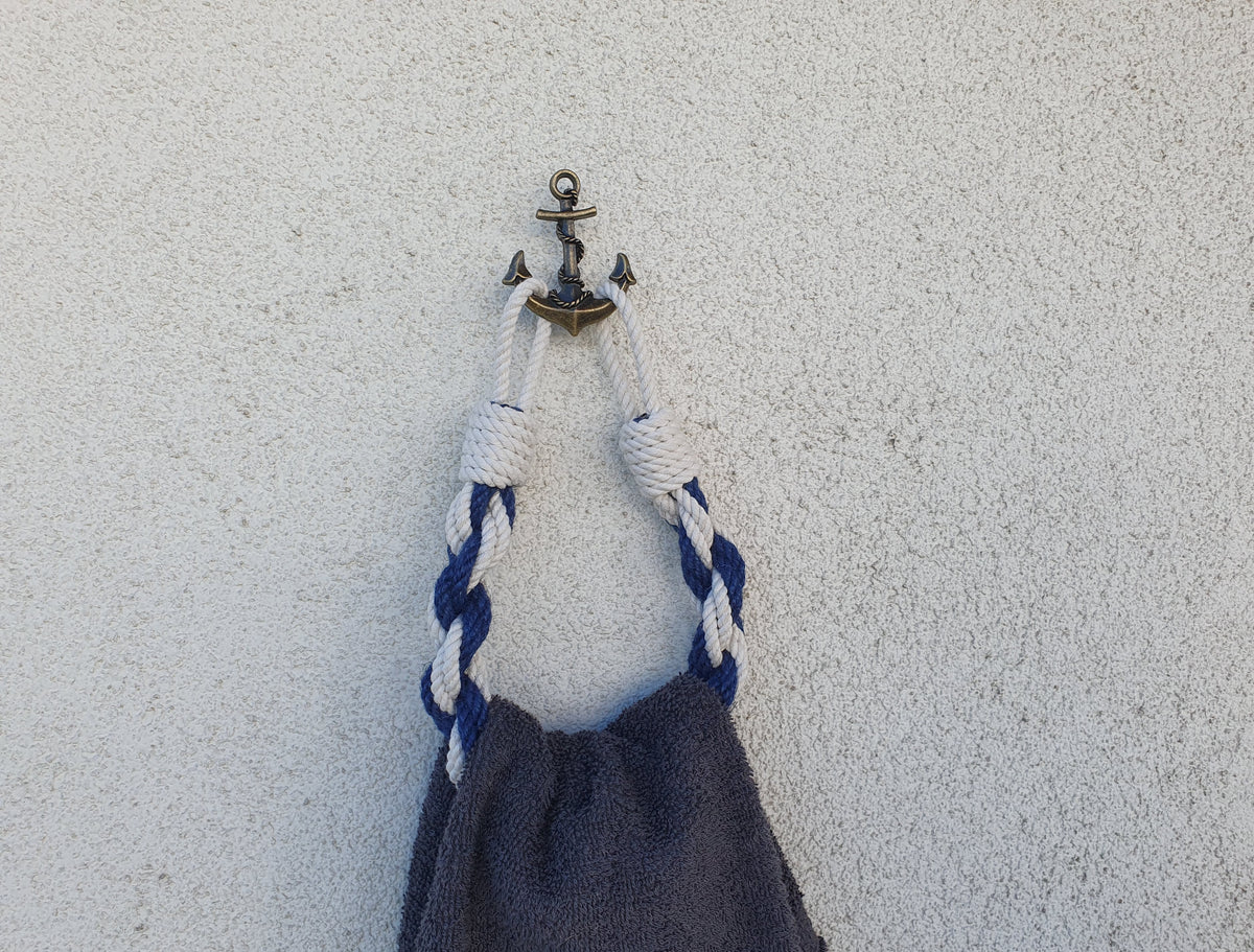 Nautical Towel Holder | Brass Anchor Hook, White Blue Rope, Coastal Bathroom Decor
