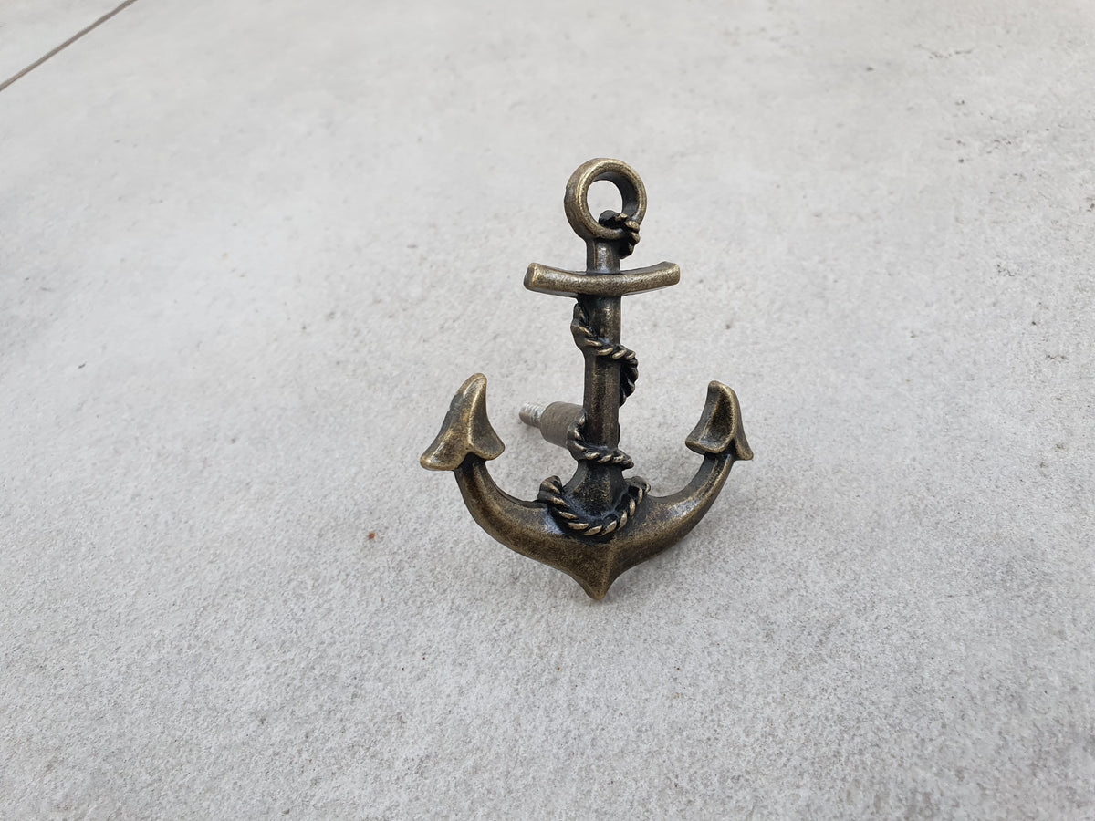 Nautical Towel Holder | Brass Anchor Hook, White Blue Rope, Coastal Bathroom Decor