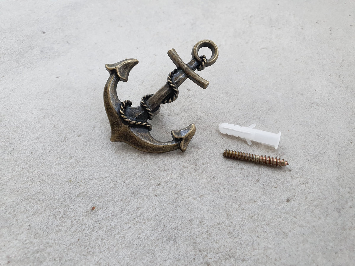 Nautical Towel Holder | Brass Anchor Hook, White Blue Rope, Coastal Bathroom Decor