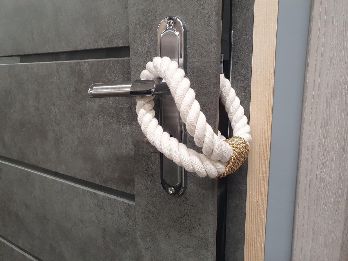 White Cotton Rope Door Stop with Gold Accent