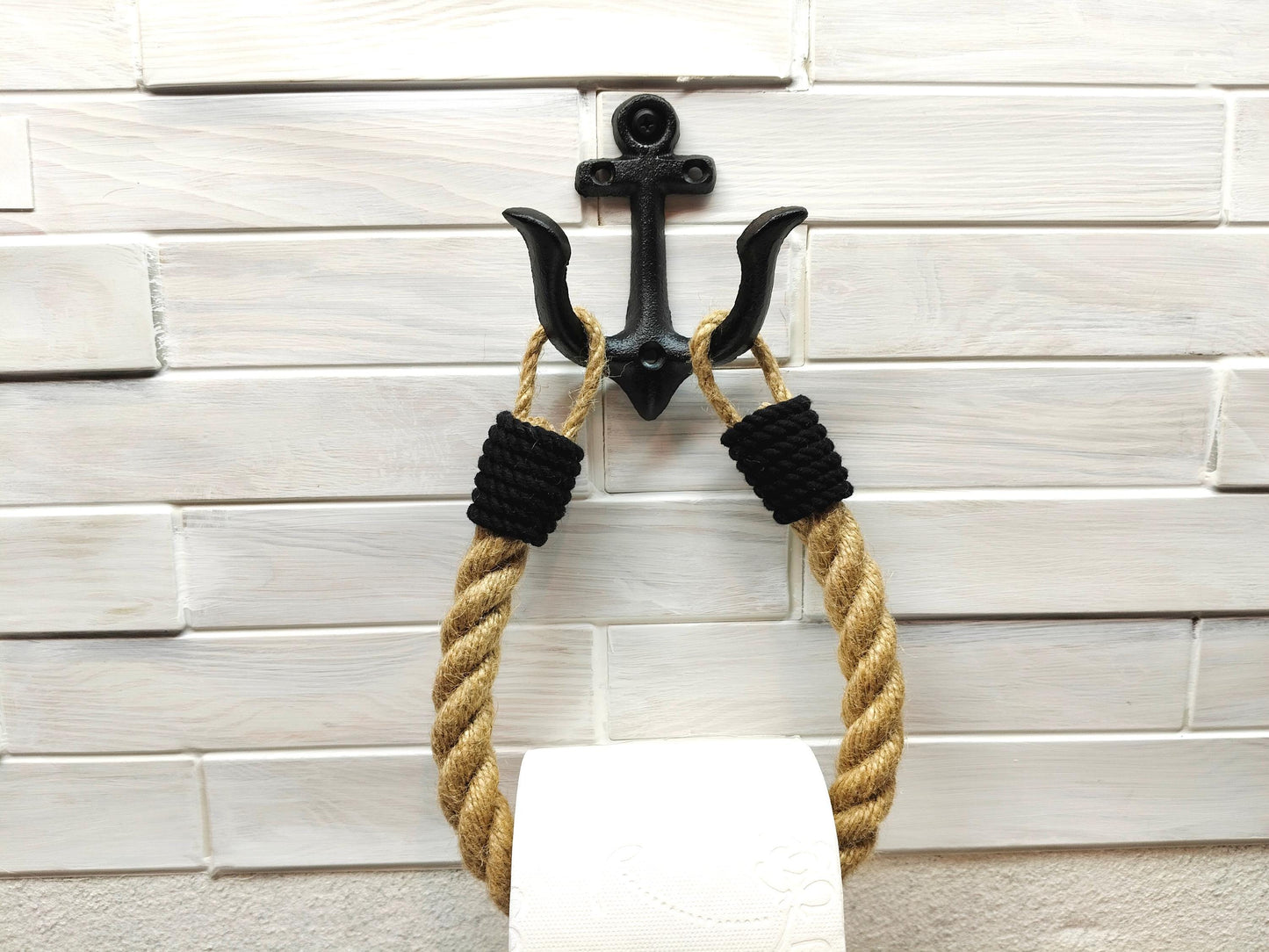 Jute Rope Toilet Paper Holder - Anchor Hook Nautical Wall Mount