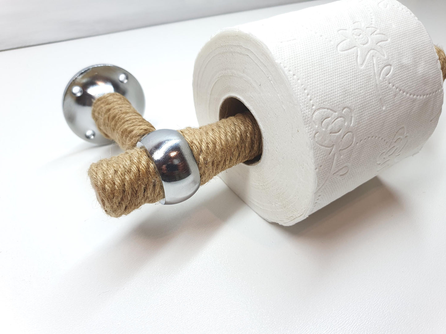 Handmade Jute Rope Toilet Paper Holder - Rustic Wood & Chrome Wall Mount