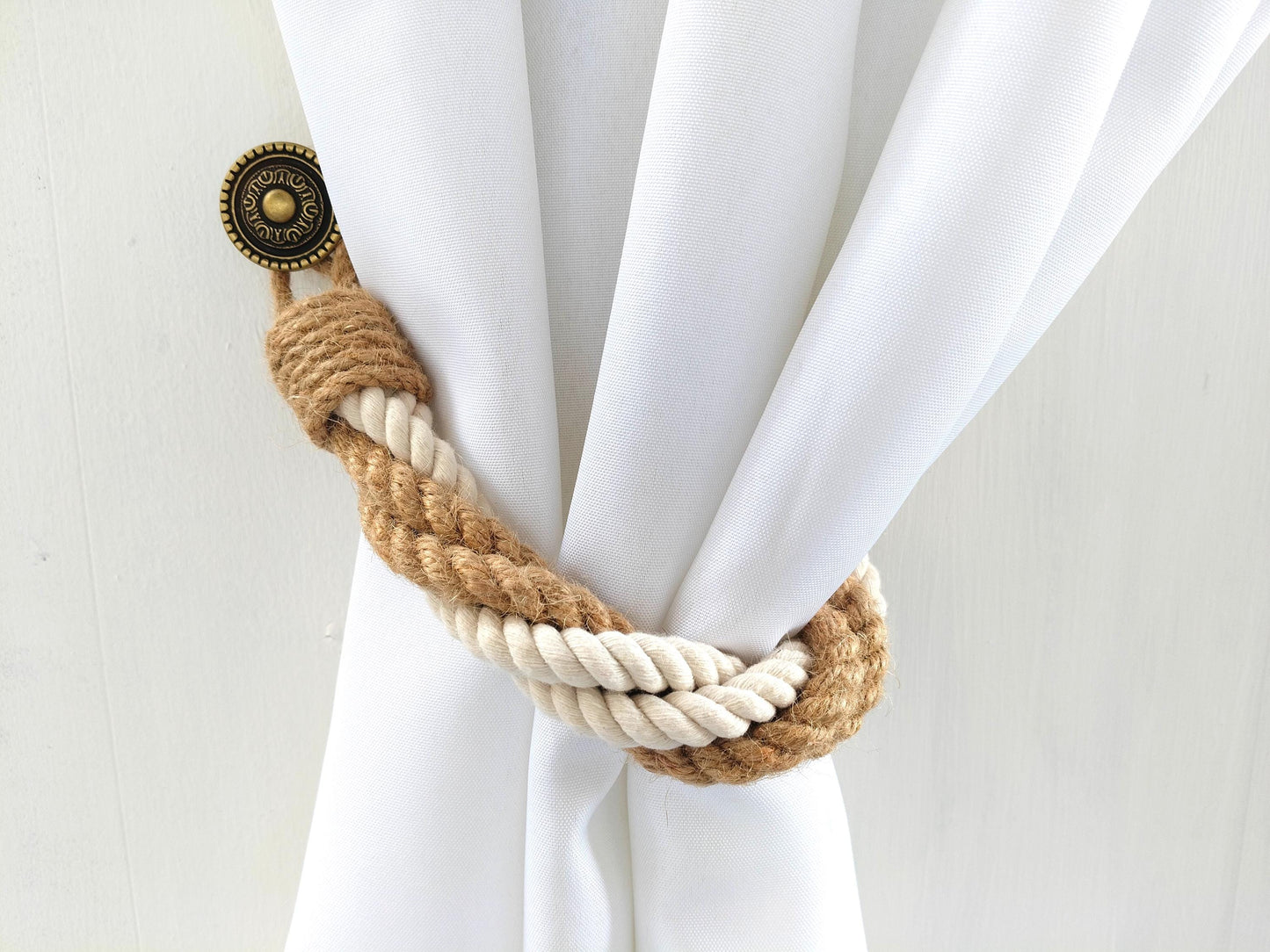Curtain Tie Back - Rustic Curtain Holdback with Jute & Cotton Rope