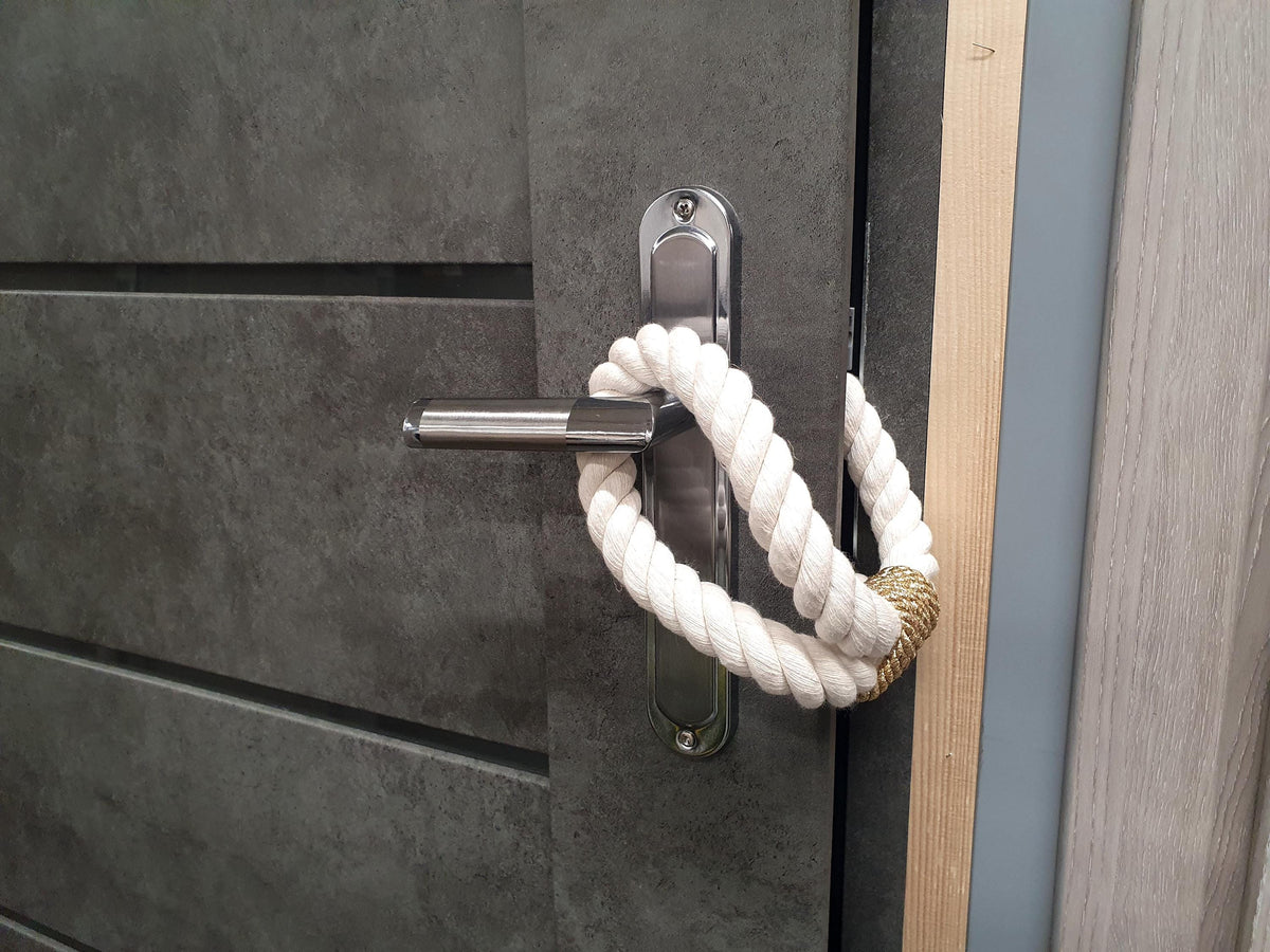 White Cotton Rope Door Stop with Gold Accent