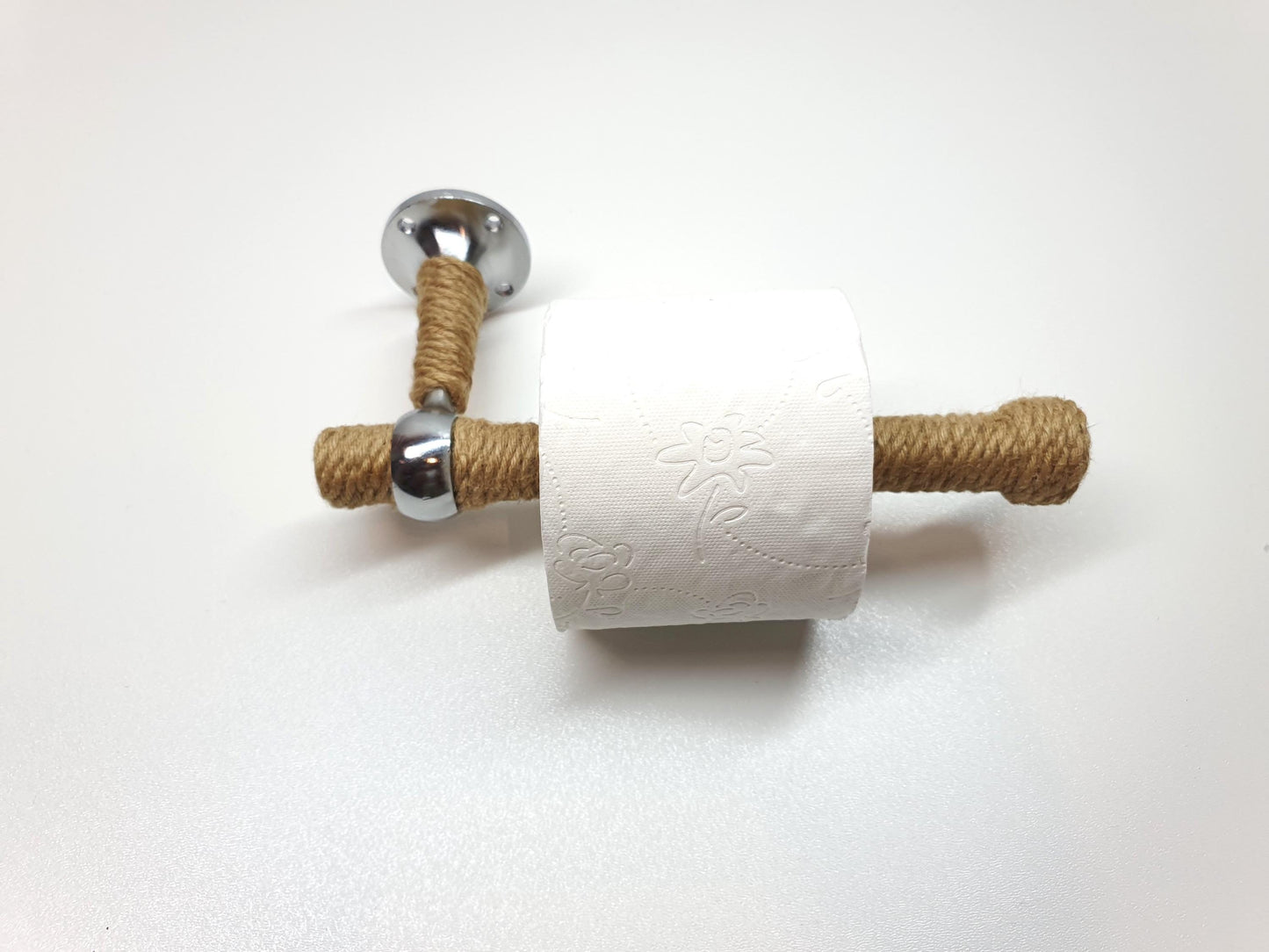 Handmade Jute Rope Toilet Paper Holder - Rustic Wood & Chrome Wall Mount