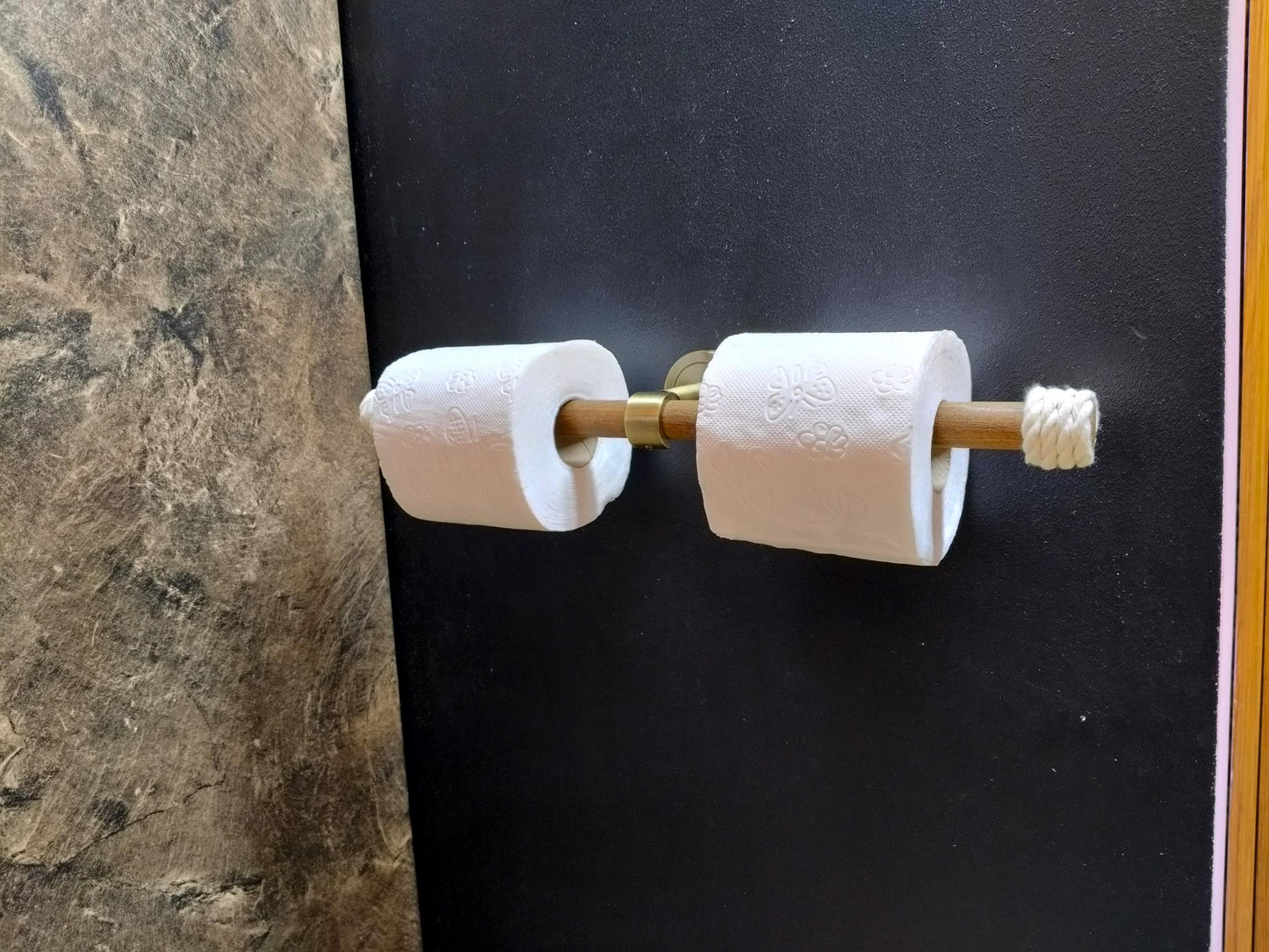 Toilet Paper Holder - Double Wood Rod & Brass Wall Mount
