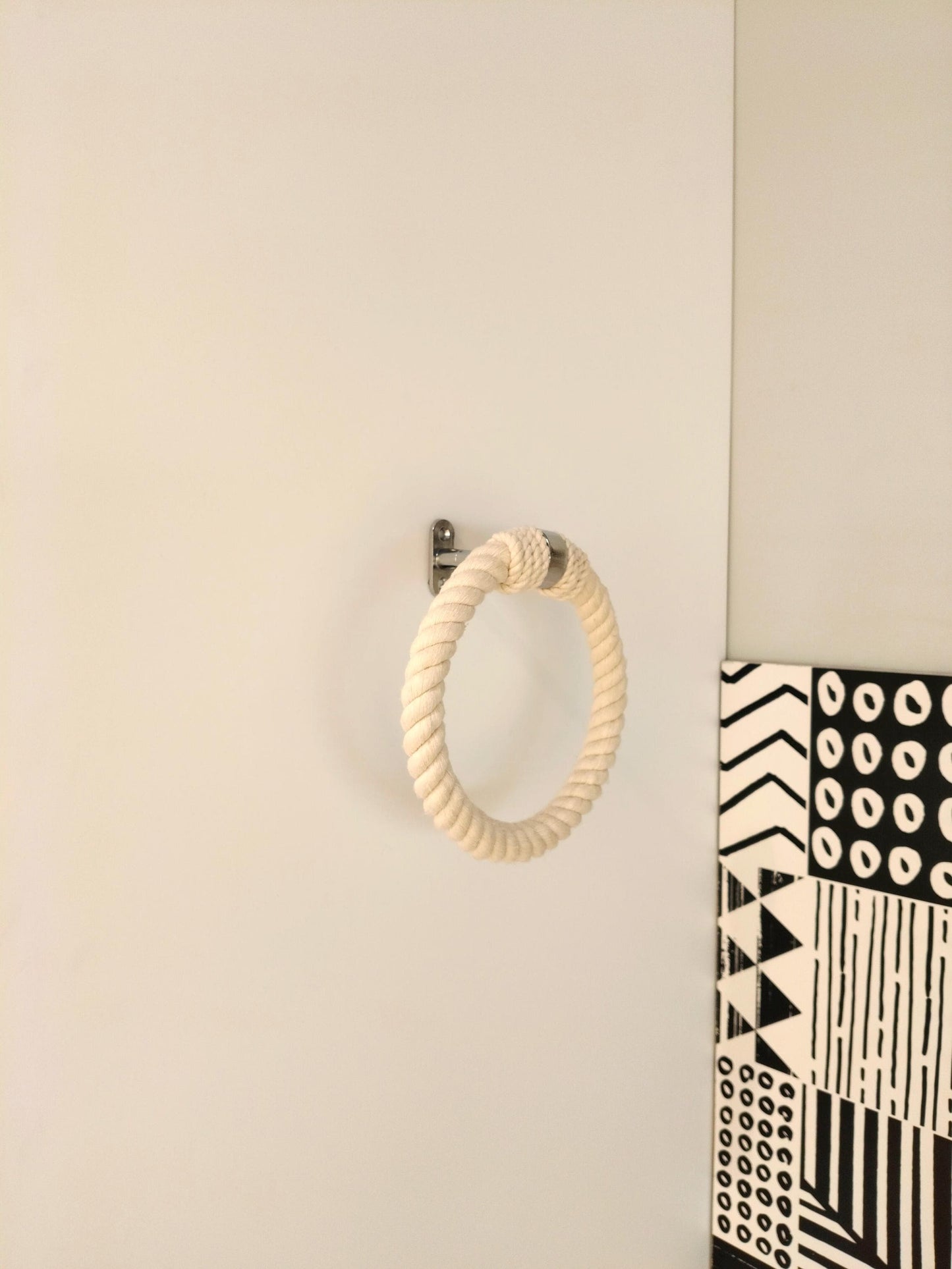 Handmade Round Rope Towel Ring - White Cotton & Chrome Wall Mount