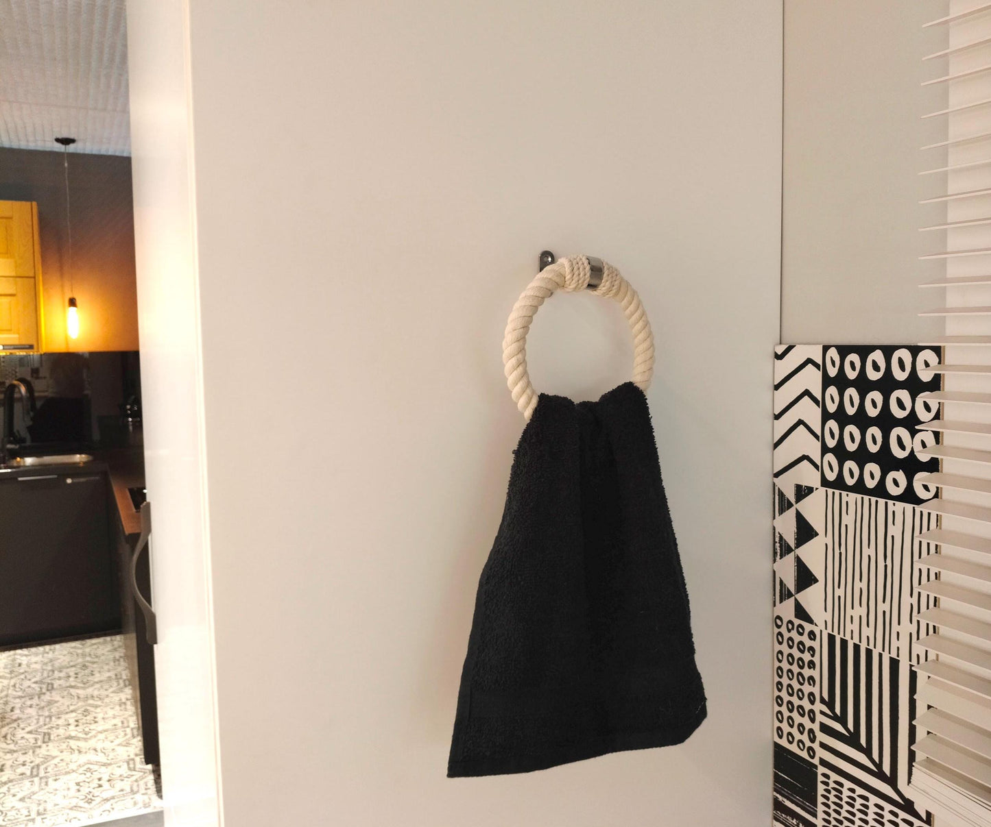 Handmade Round Rope Towel Ring - White Cotton & Chrome Wall Mount