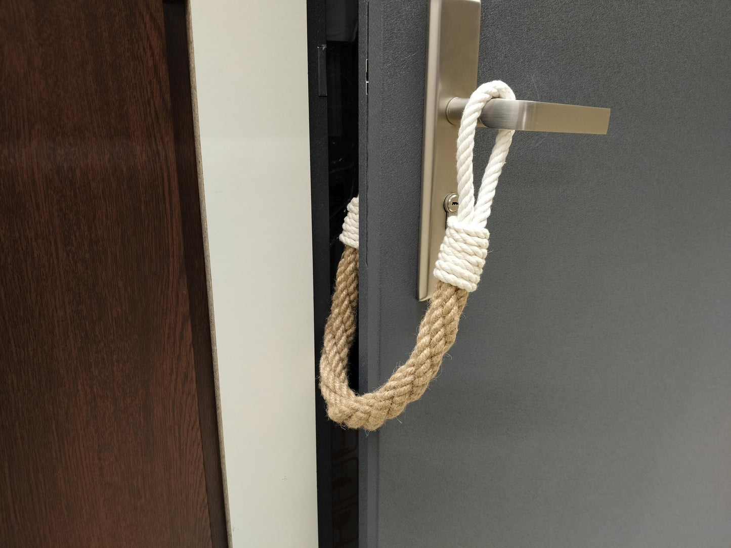 Handmade Jute Rope Door Stopper - White Loops Nautical Weighted Doorstop