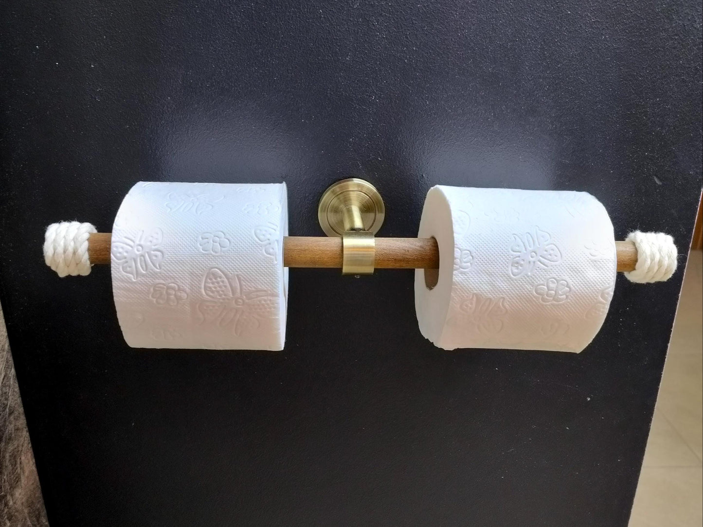 Toilet Paper Holder - Double Wood Rod & Brass Wall Mount