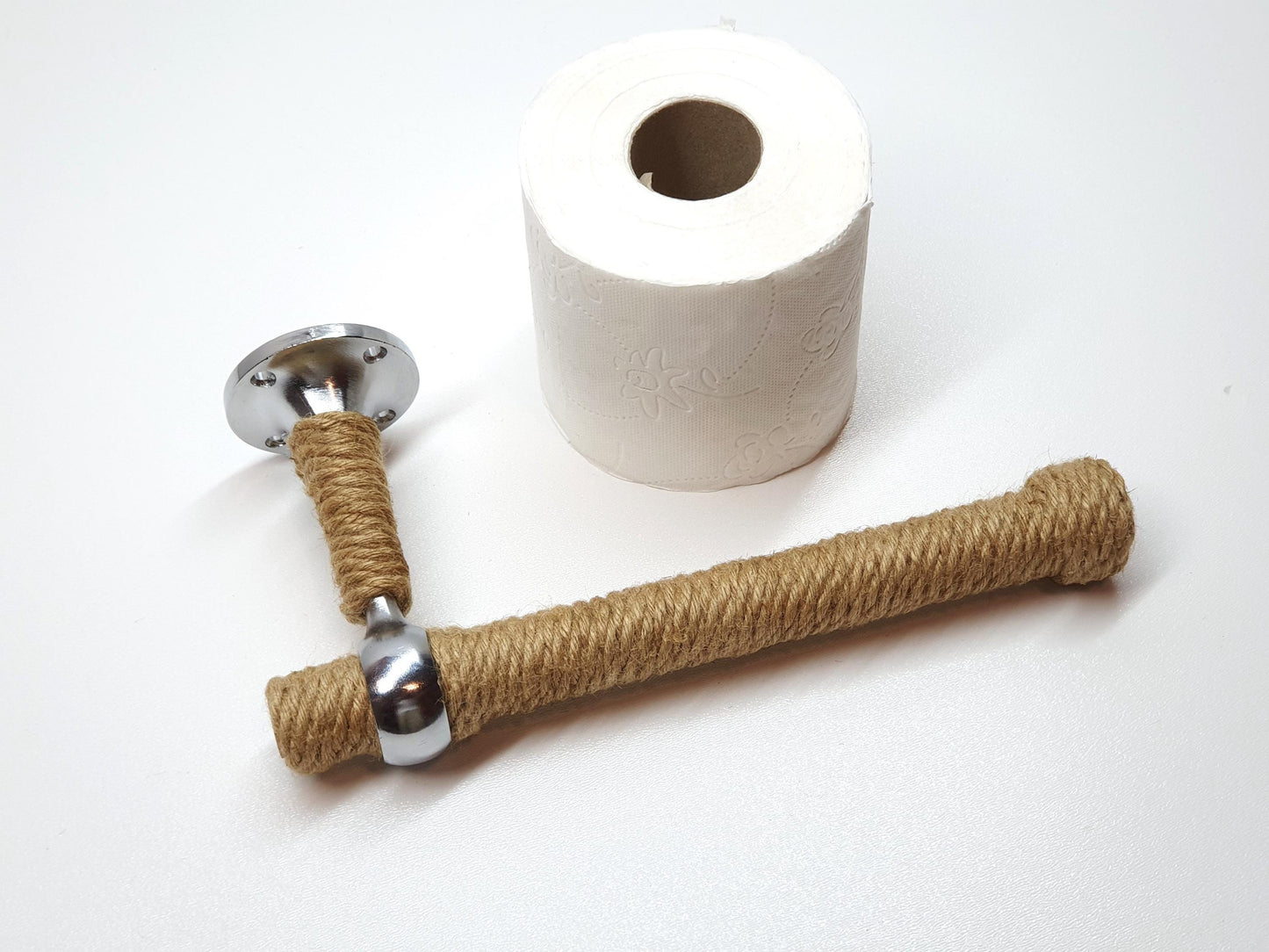 Handmade Jute Rope Toilet Paper Holder - Rustic Wood & Chrome Wall Mount