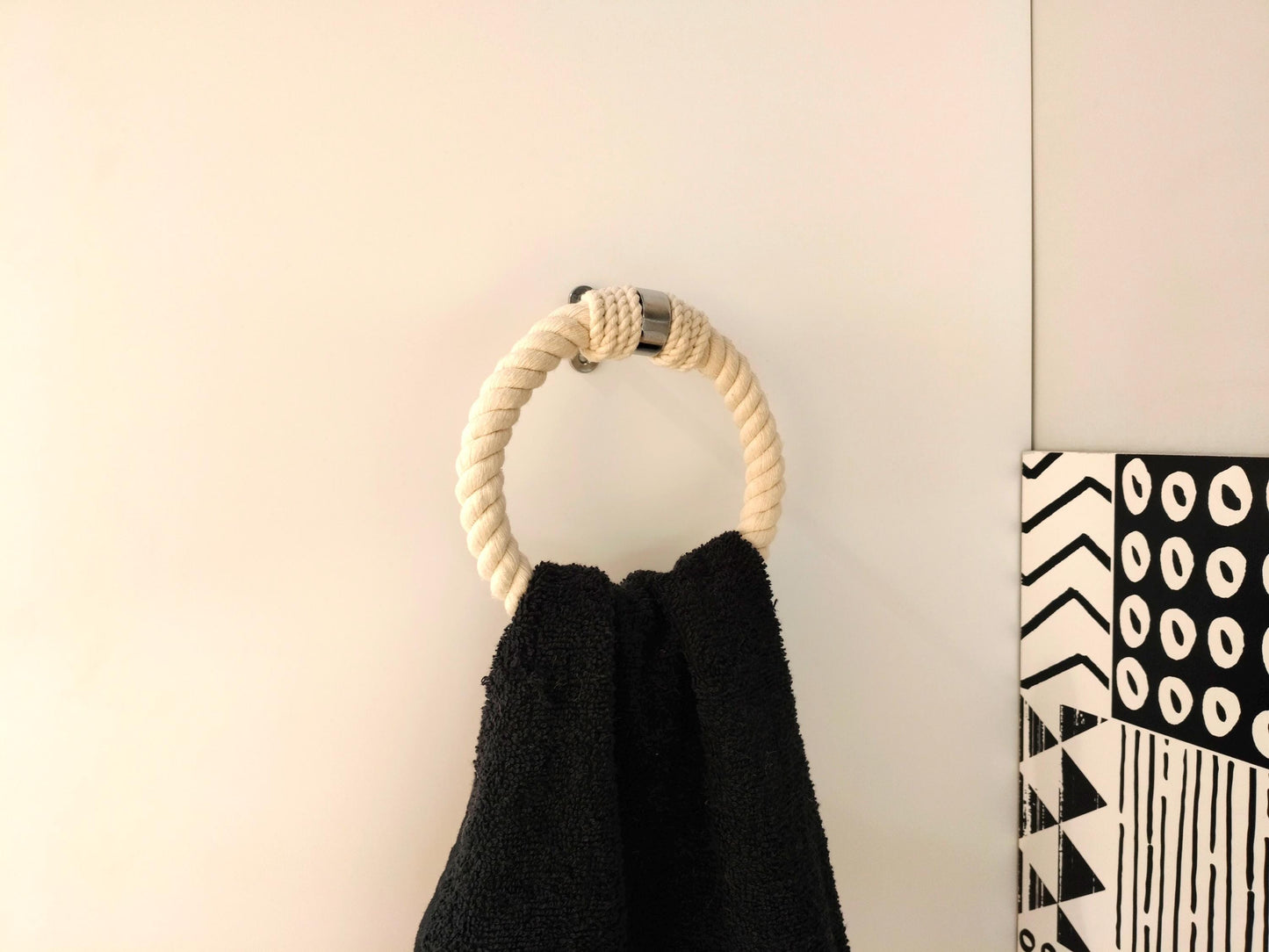 Handmade Round Rope Towel Ring - White Cotton & Chrome Wall Mount