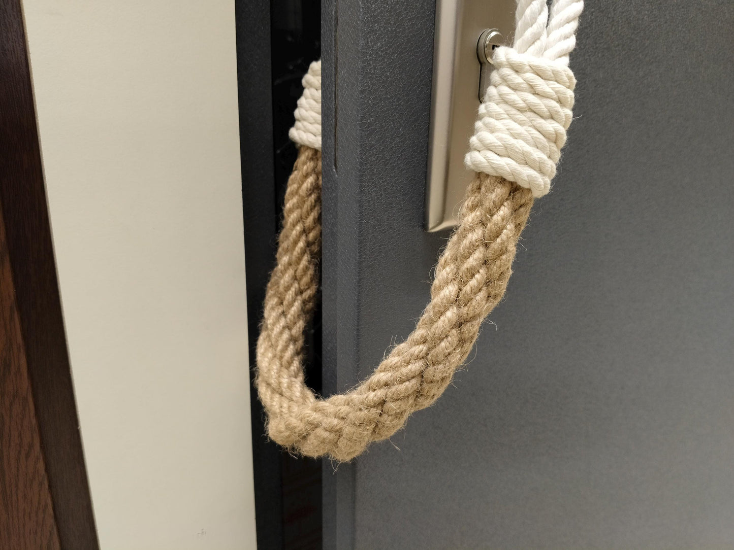 Handmade Jute Rope Door Stopper - White Loops Nautical Weighted Doorstop